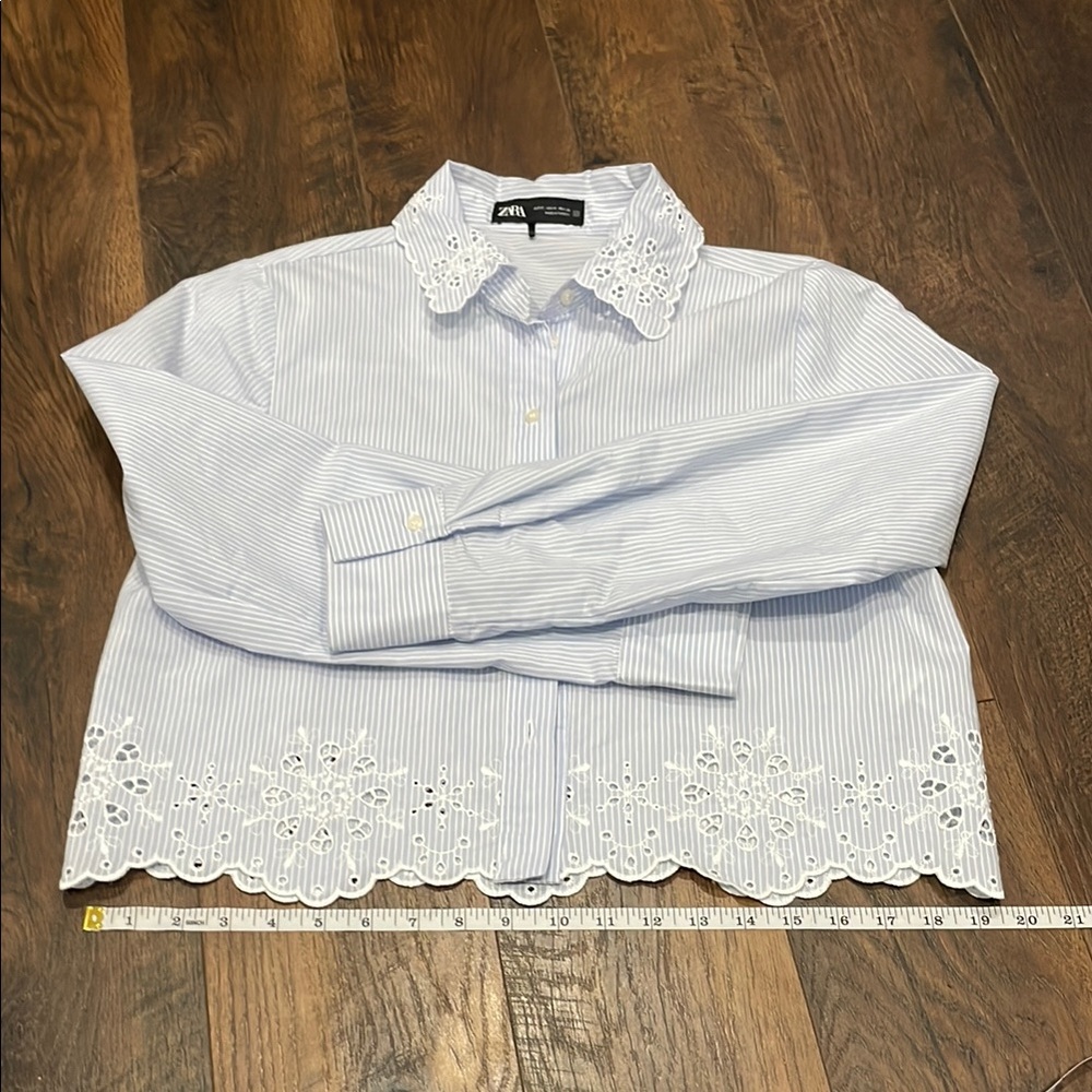 Zara Light Blue Striped Shirt with White Lace